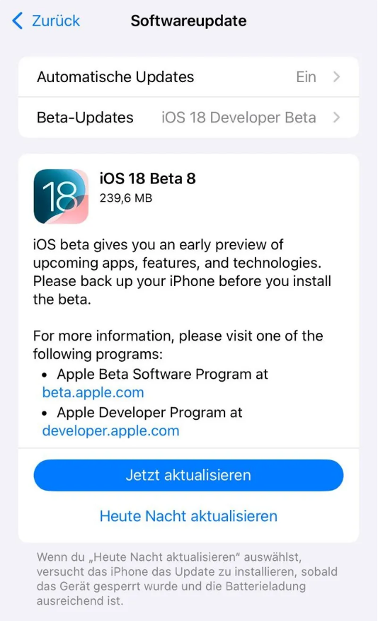 宁蒗苹果手机维修分享苹果 iOS / iPadOS 18 开发者预览版 Beta 8 发布 